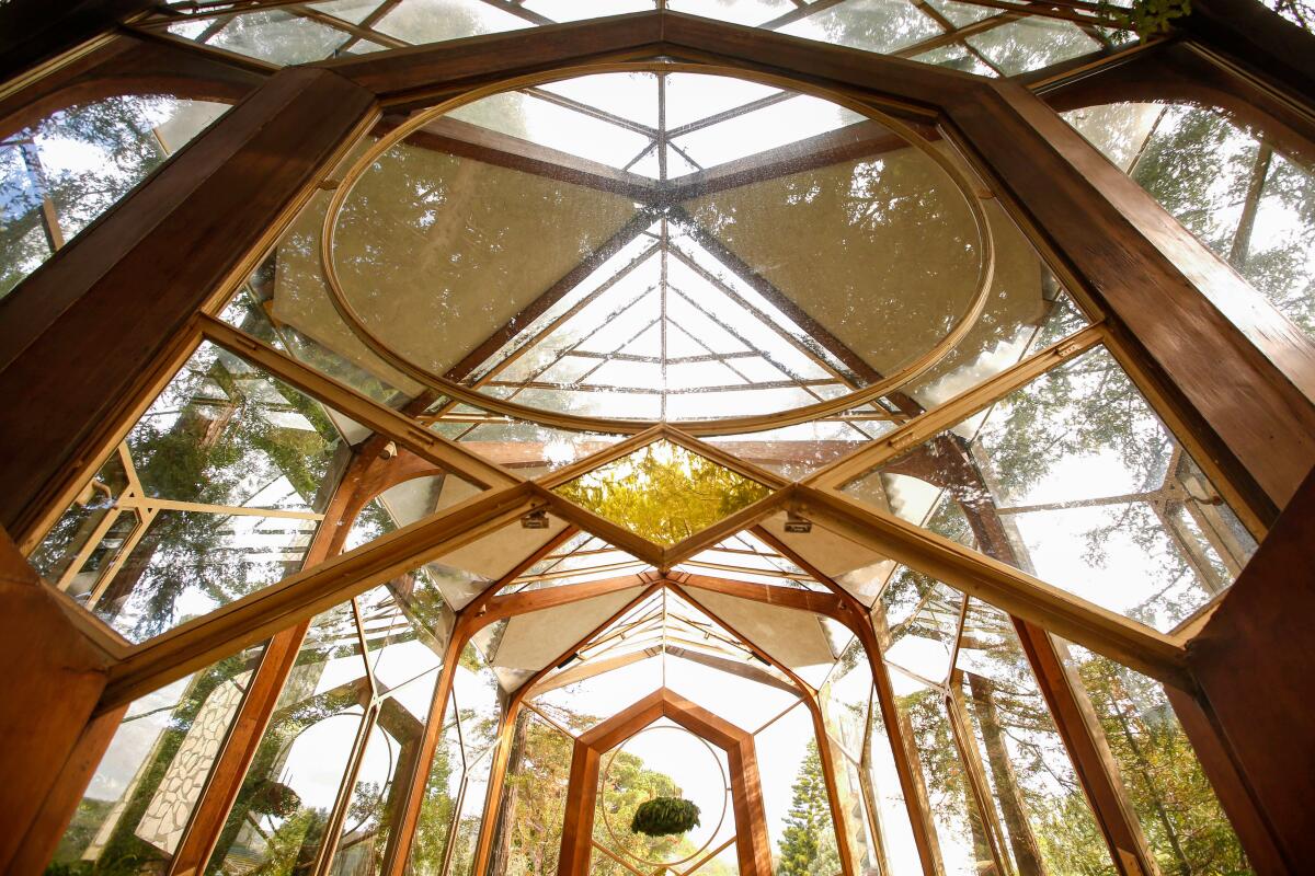 The interior of a glass church.