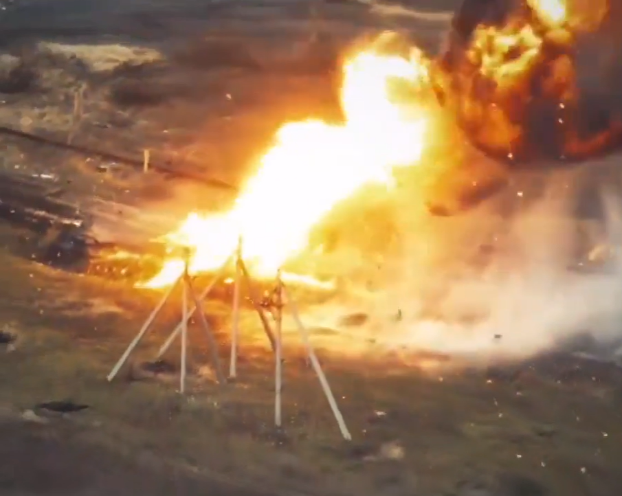 The suicide UAV detonates as it smashes into the £1million Russian T-72 tank