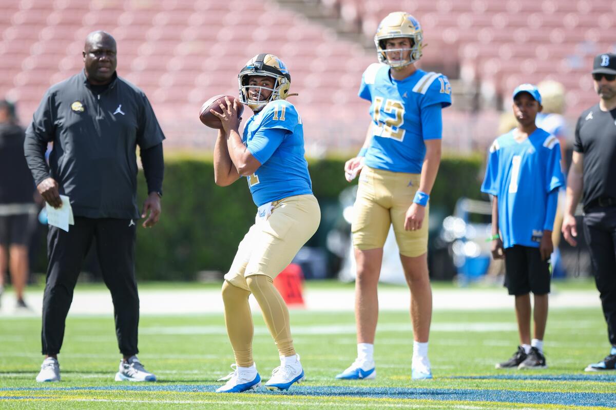 UCLA quarterback Chase Griffin passes during the Bruins' spring showcase at the Rose Bowl on April 27.