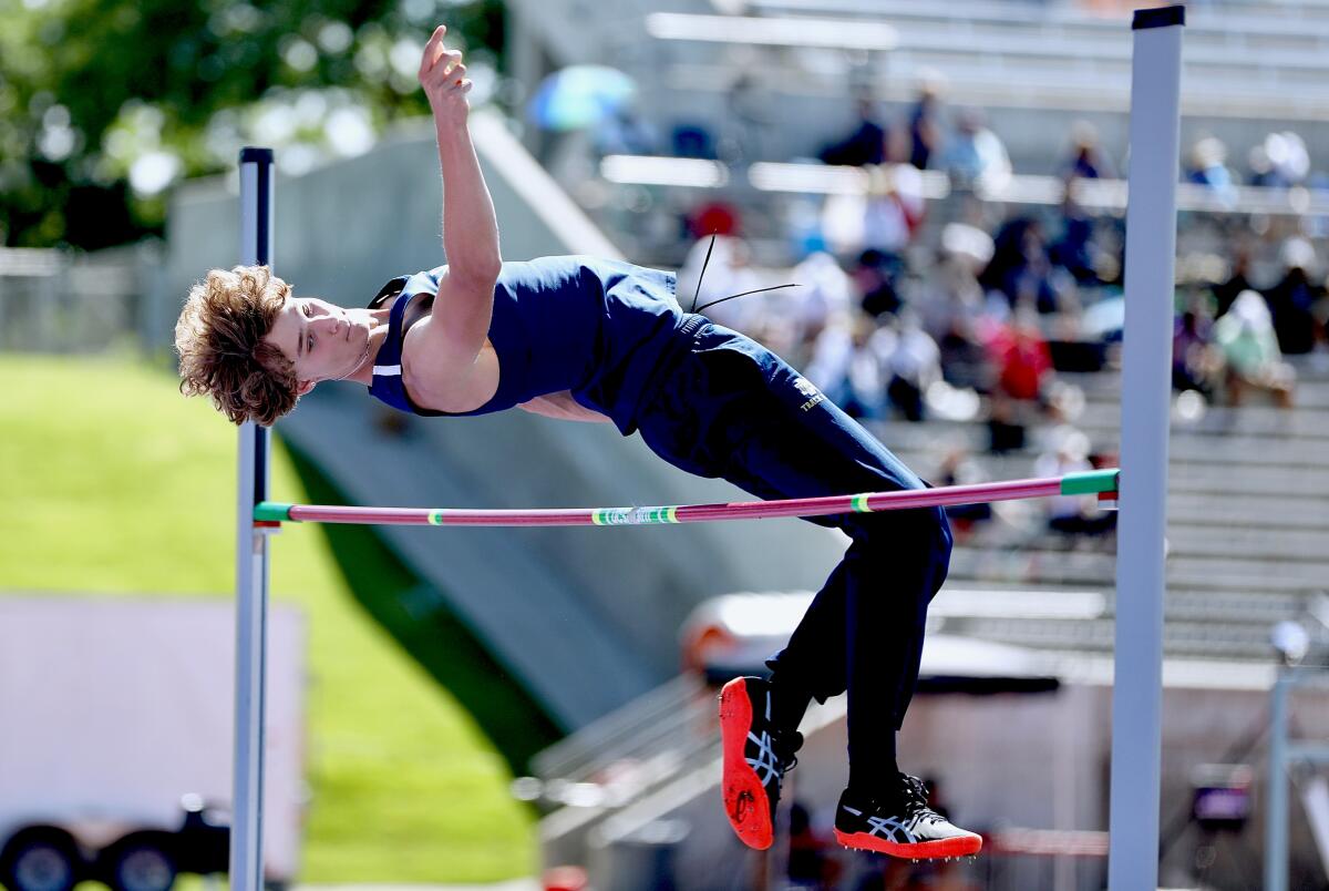 Sherman Oaks Notre Dame's JJ Harel clears the bar at 6-6 to advance to Saturday's state high jump finals.