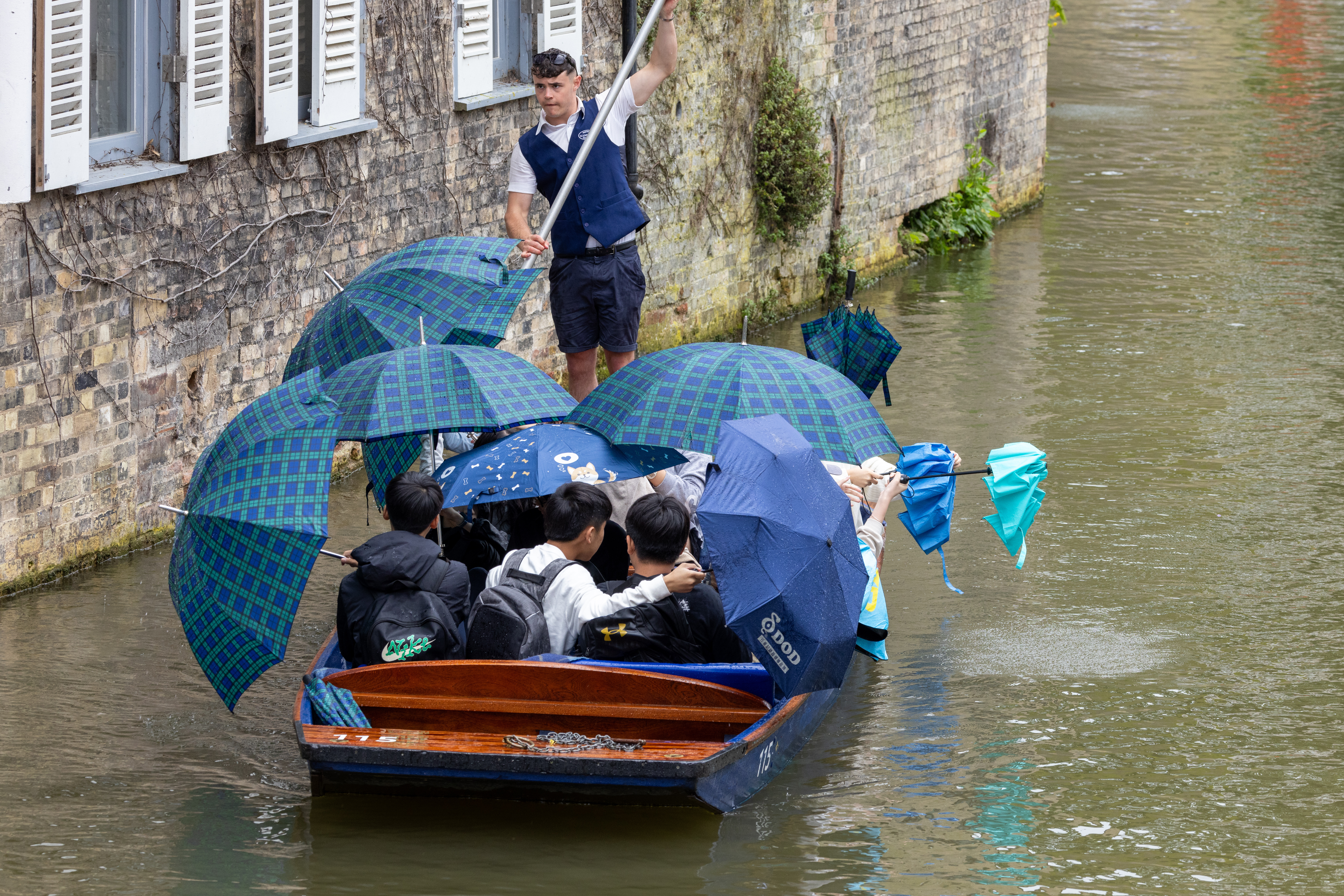 Umbrellas keep punters dry on the River Cam in Cambridge