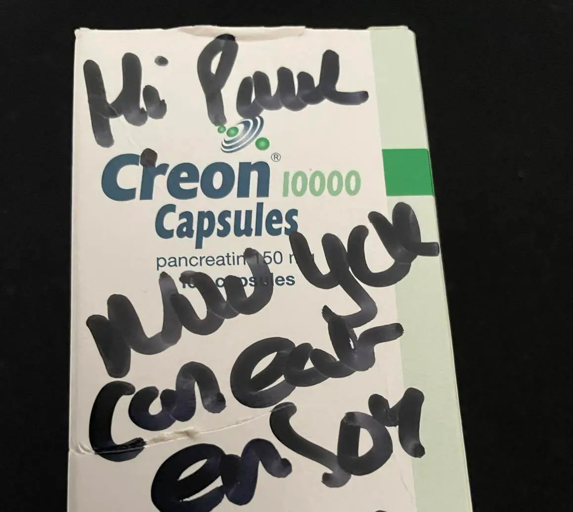 Paul was sent supply of the prescription drug by another patient, it reads: 'Hi Paul, now you can eat, enjoy'