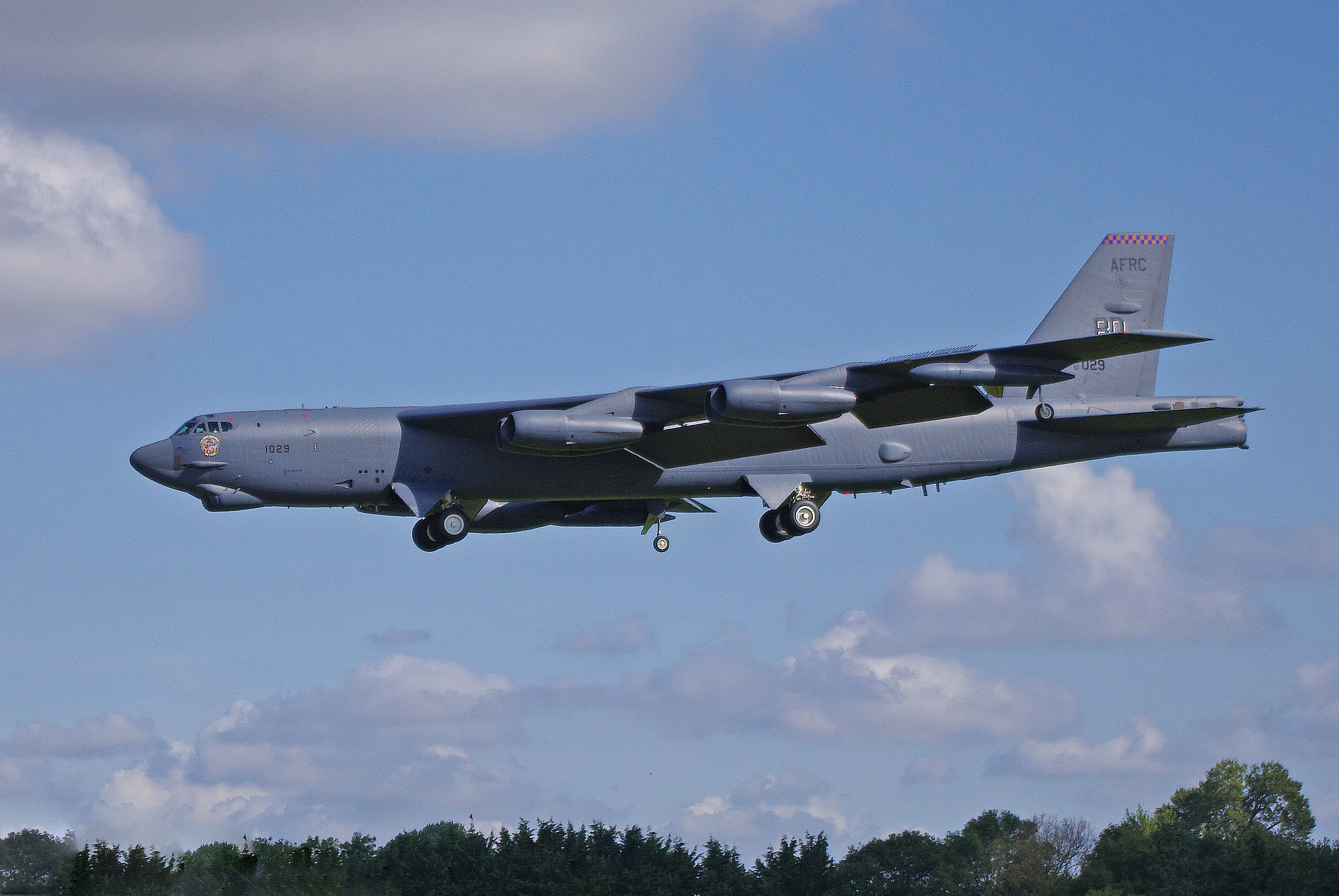 A Boeing B-52H bomber approaches RAF Fairford to take part in a military exercise