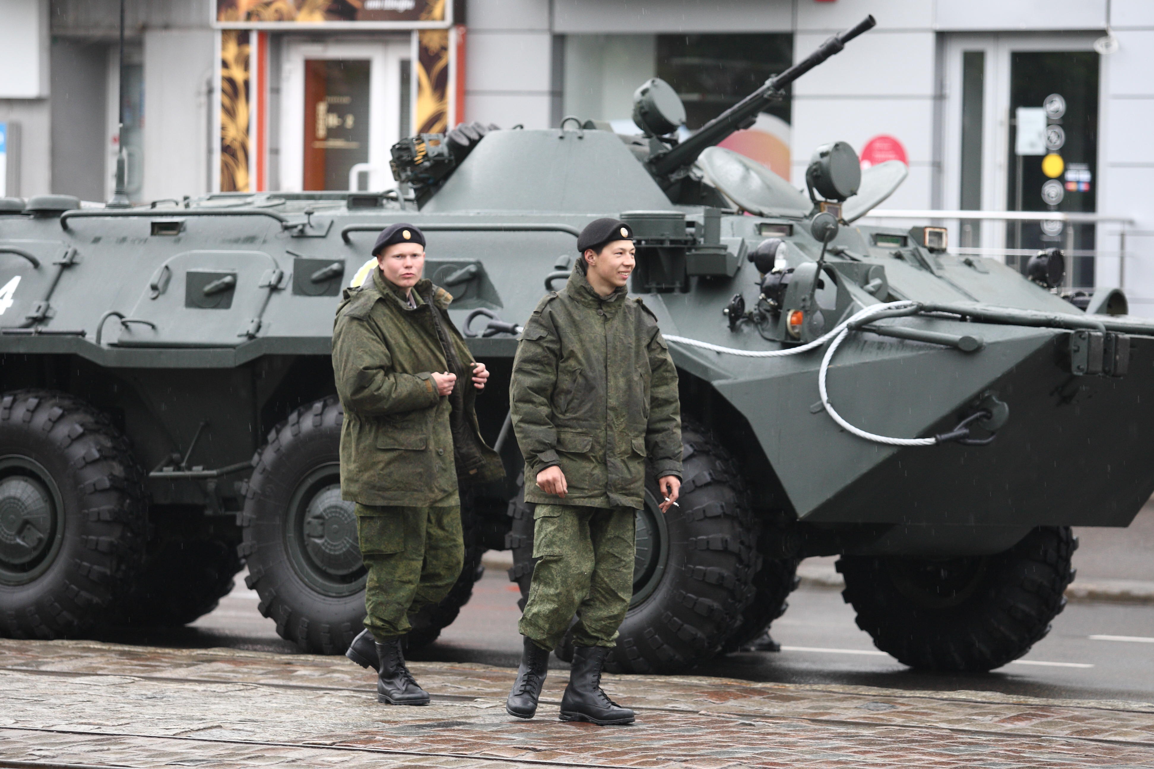 Russian Army soldiers are seen during a large military parade in Kaliningrad