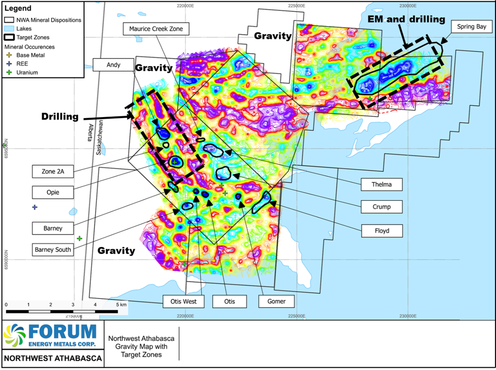 Residual Gravity Map of the NWA with Proposed 2025 Exploration Plans.  The background shows the residual contoured gravity data overlain with the main target areas. Blues are gravity lows and reds gravity highs. Additional gravity surveys will be completed as outlined above and 2025 drilling will concentrate on the Andy/Opie trend and Spring Bay area.  Bouguer density 2.50 cm/cc; Terrain Corrections: r=750m by DEM.