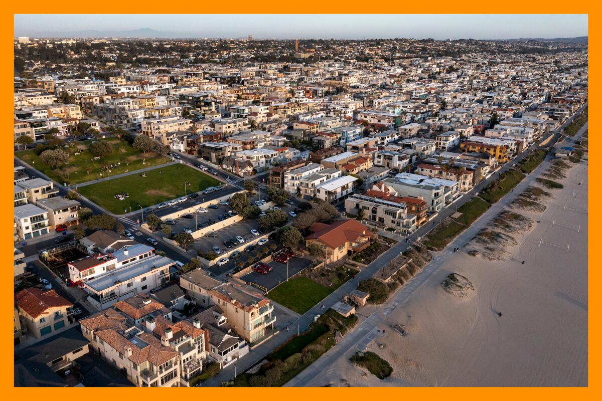 An aerial view of Bruce's Beach at sunset.