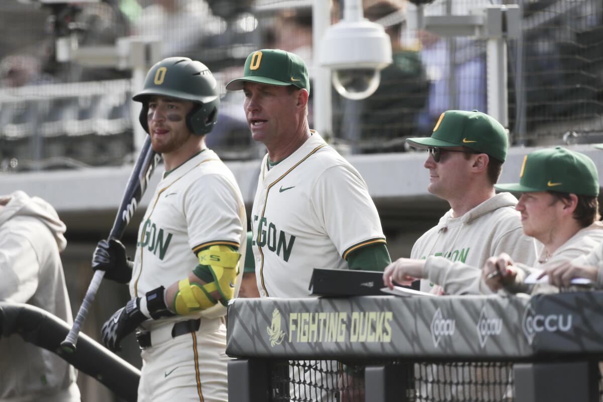 Oregon coach Mark Wasikowski looks on during a game against Lafayette on Feb. 25 in Eugene, Ore.