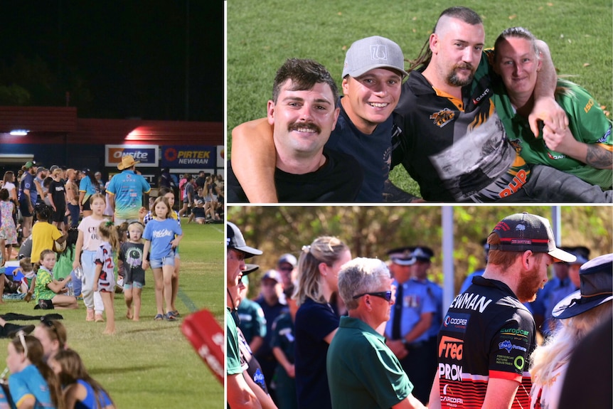 A collage of people in a crowd at a sporting event and a group of people smiling for the camera