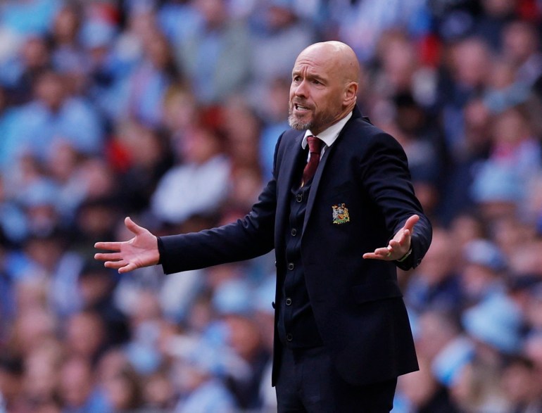 Soccer Football - FA Cup - Semi Final - Coventry City v Manchester United - Wembley Stadium, London, Britain - April 21, 2024 Manchester United manager Erik ten Hag reacts Action Images via Reuters/Andrew Couldridge