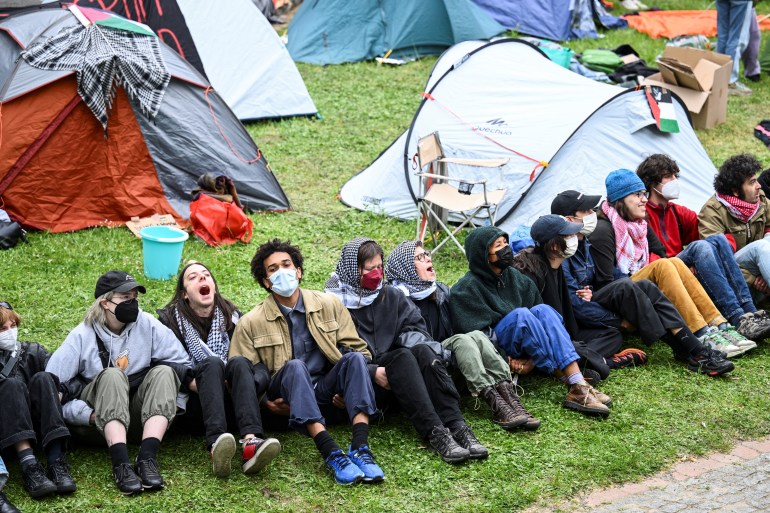 Pro-Palestinian demonstrators occupy a courtyard at Freie Universitat (FU) Berlin