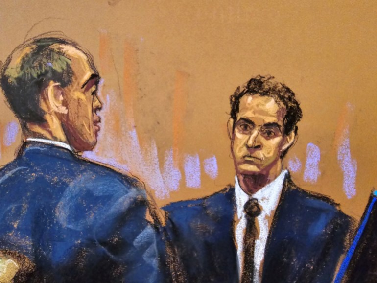 A courtroom sketch of Jaden Jarmel-Schneider testifying in court.