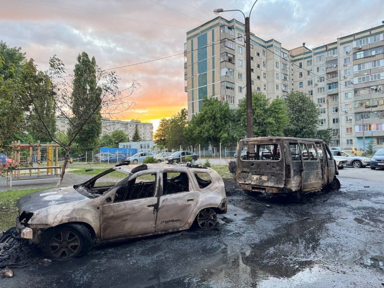 A view shows damaged vehicles at the site of a recent military strike, what local authorities called a Ukrainian air attack, in the course of the Russia-Ukraine conflict, in a location given as Belgorod, Russia, in this handout image released on May 11, 2024. Governor of Russia's Belgorod Region Vyacheslav Gladkov via Telegram/Handout via REUTERS ATTENTION EDITORS - THIS IMAGE HAS BEEN SUPPLIED BY A THIRD PARTY. NO RESALES. NO ARCHIVES. MANDATORY CREDIT.