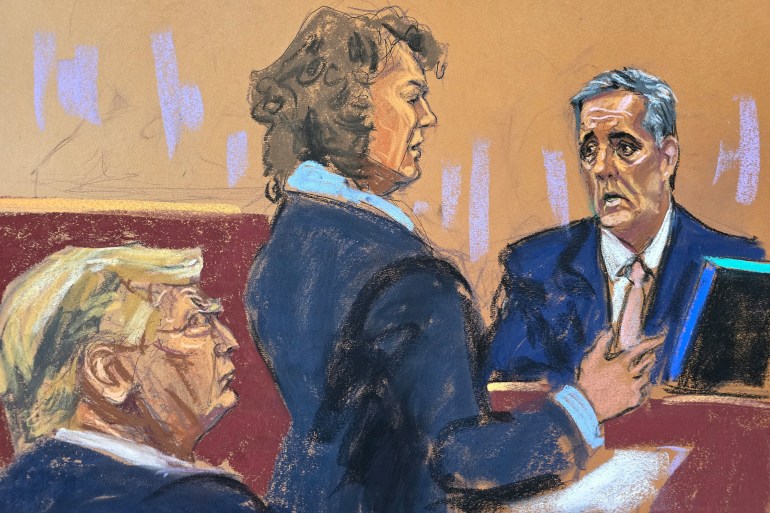 Michael Cohen is questioned by a prosecutor as Donald Trump looks on, in this courtroom sketch