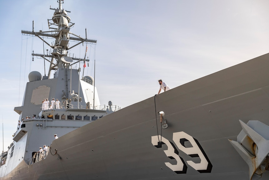 A close-up of an Australian warship.