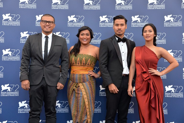 Joko Anwar with the Indonesian actors Maera Panigoro, Chicco Jerikho and Tara Basro. They are at a photo call during the Venice Film Festival in 2015 