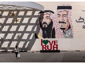 A mural of Mohammed bin Salman, left, and King Salman bin Abdul, in Riyadh.