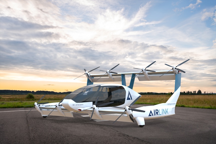 A rendered image of an electric aircraft on tarmac with the sun setting in the distance