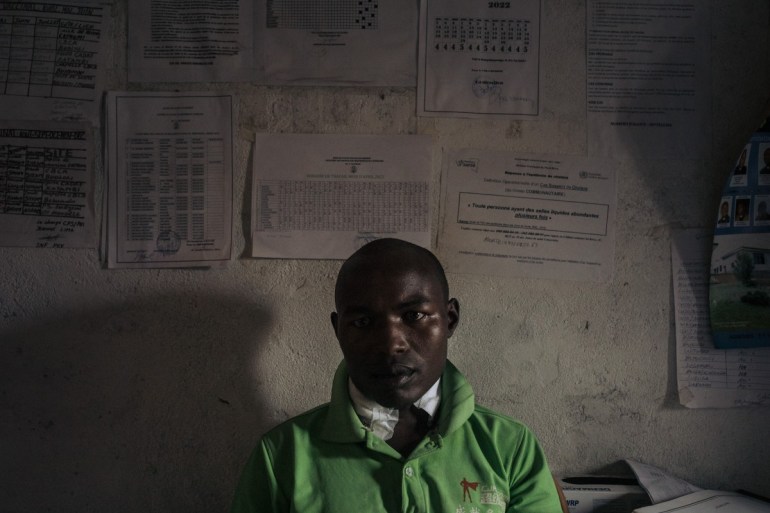 Innocent Kasereka, 30, sits in a hospital in Kanyabayonga, southern Lubero territory, North Kivu province