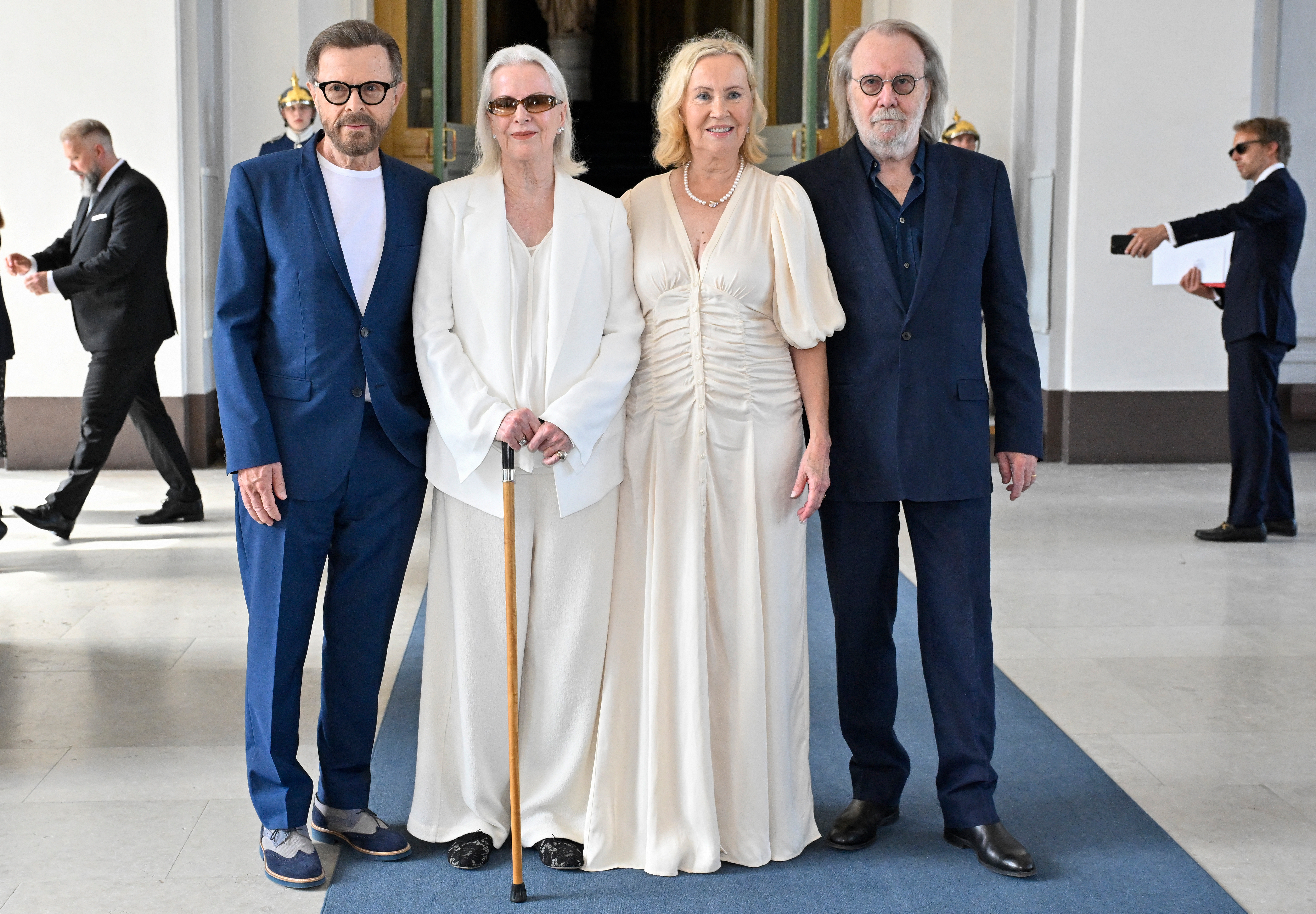 Bjorn Ulvaeus, Anni-Frid Lyngstad, Agnetha Faltskog and Benny Andersson received a major gong at the Royal Palace in Stockholm, Sweden