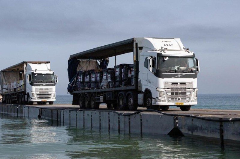 Humanitarian aid has started moving into Gaza via a temporary pier, two days after the U.S. military began construction on the floating causeway. Photo courtesy of U.S. Central Command