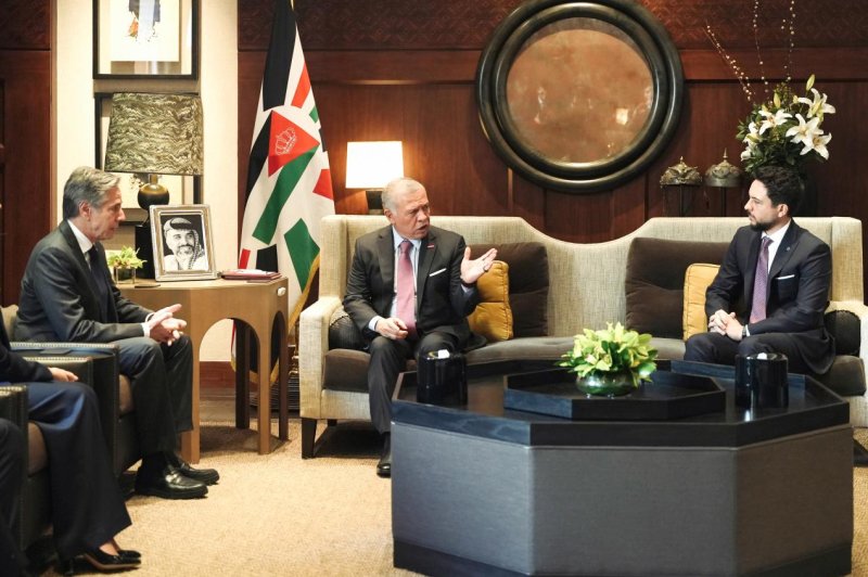 A handout photo made available by the Royal Hashemite court shows Jordan's King Abdullah II (C) meeting Tuesday with U.S. Secretary of State Antony Blinken (L) in the presence of Jordan's Crown Prince Hussein (R), in Amman, Jordan. According to a royal court statement, King Abdullah II reiterated the need for an immediate cease-fire in Gaza while calling for immediate action to stop the humanitarian crisis unfolding in the Gaza Strip. Photo by Royal Hashemite Court/EPA-EFE