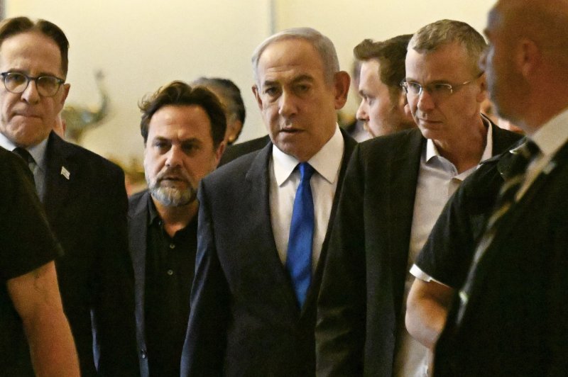 Israeli Prime Minister Benjamin Netanyahu (C) reacted with fury Monday to an application by the International Criminal Court's chief prosecutor for warrants to arrest him and Defense Minister Yoav Gallant for alleged war crimes in Gaza. Photo by Debbie Hill/UPI