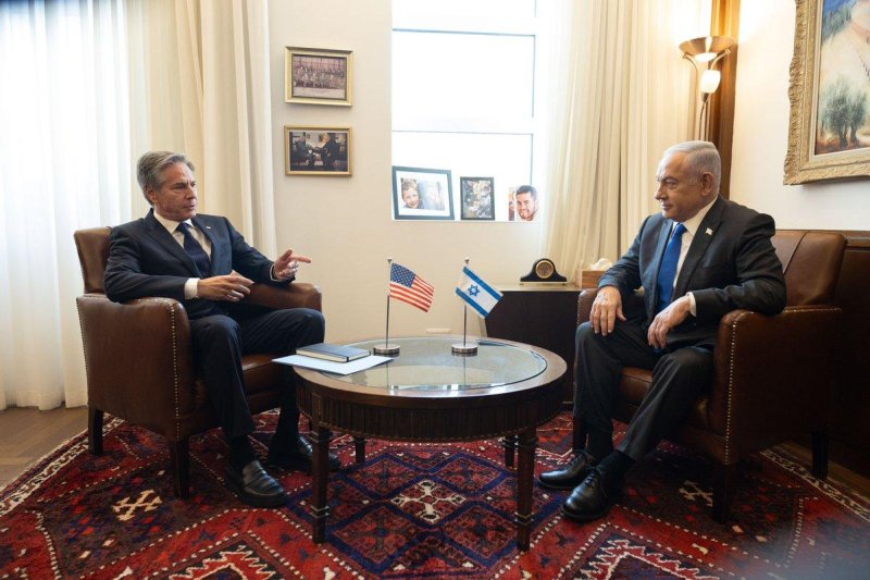 U.S. Secretary of State Antony Blinken (L) meets Prime Minister Benjamin Netanyahu of Israel in Israel Wednesday on the last day of his three-day trip to the Middle East. Photo courtesy of U.S. Secretary of State Antony Blinken/X