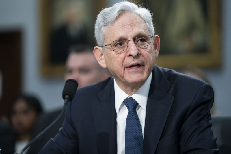 Attorney General Merrick Garland announced the arrest Friday of a California man charged with communicating threats against individuals, law enforcement and synagogues in North Carolina. File Photo by Bonnie Cash/UPI