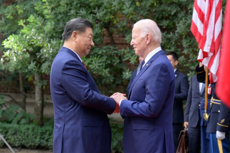 U.S. President Joe Biden (L) meets with President Xi Jinping of the People's Republic of China on Nov. 15, 2023, in Woodside, Calif. On Sunday, Beijing announced an investigation into copolymer formaldehyde exports from the United States, the European Union and others amid a growing trade dispute. File Photo via MFA China/UPI