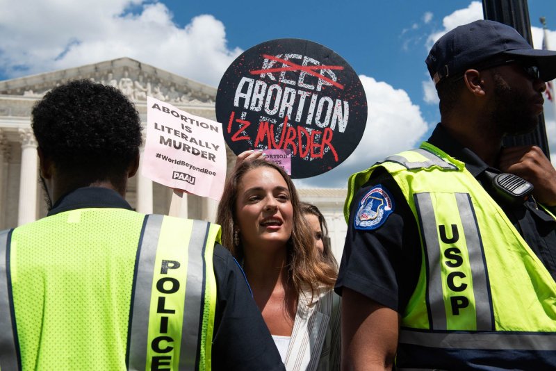 Anti-abortion protesters demonstrate in front of the Supreme Court a year after the court overturned Roe v. Wade in the Dobbs v. Jackson Women's Health Organization ruling in 2022. File photo by Annabelle Gordon/UPI