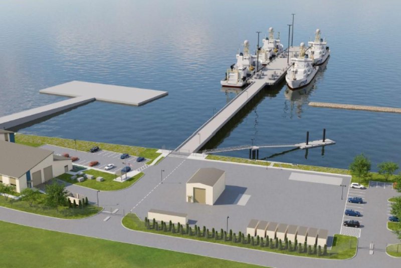 An architectural rendering of the National Oceanic and Atmospheric Administration's future marine operations center at Naval Station Newport shows a new pier and other features. Ground was broken on the new facility on Monday. Illustration courtesy Burns &amp; McDonnell/NOAA