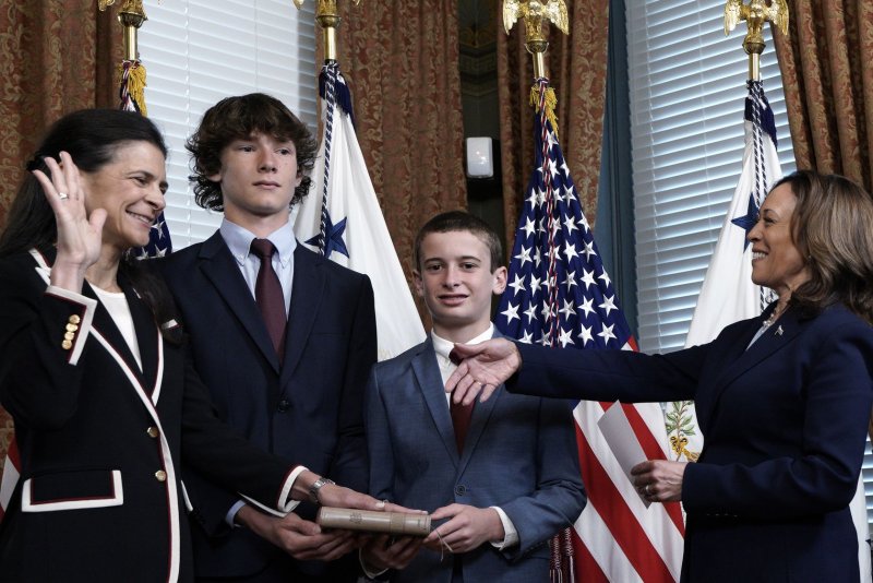 Vice President Kamala Harris (R) swears in Courtney O'Donnell as Permanent Representative to UNESCO with the rank of ambassador in the ceremonial office at the White House in Washington D.C. on Tuesday, saying she "always answers the call to serve." Photo by Yuri Gripas/UPI