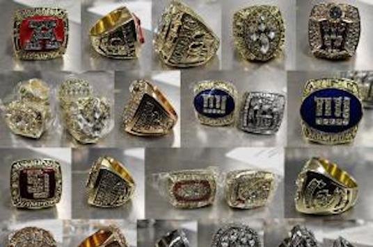 U.S. Customs and Border Protection officers at the Rochester, N.Y., Port of Entry seized a shipment of fake NFL, NBA and MLB championship rings valued at about $9,000, authorities said. Photo courtesy U.S. Customs and Border Protection