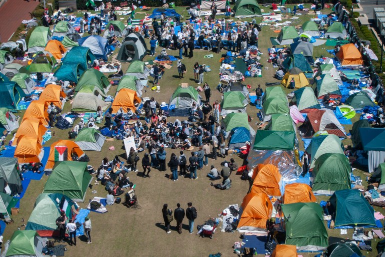 An aerial view of the Columbia University encampment