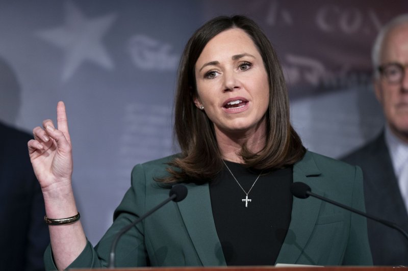 Sen. Katie Britt, R-Ala., speaks during a press conference on border security at the U.S. Capitol in Washington, DC on Thursday, December 7, 2023. Britt on Friday announced she was co-sponsoring a bill that would boost resources for pregnant women but that critics argue would create a database for the government to monitor them. File Photo by Bonnie Cash/UPI