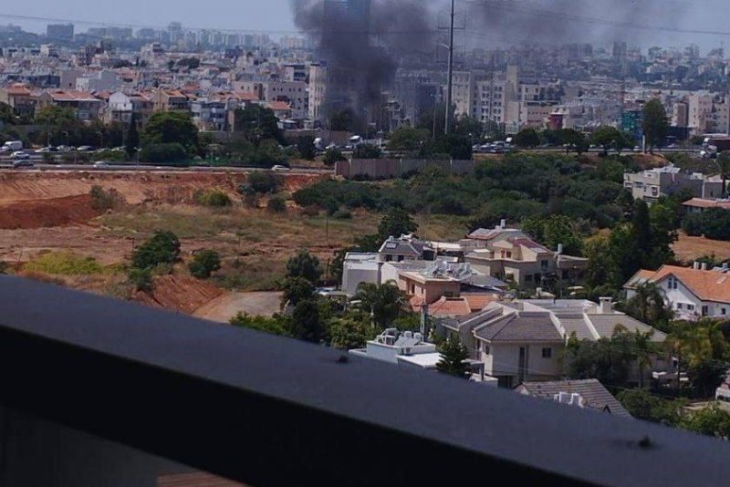 Hamas rockets are seen falling on Bnei Brak on Sunday. Photo courtesy of Hamas/Telegram