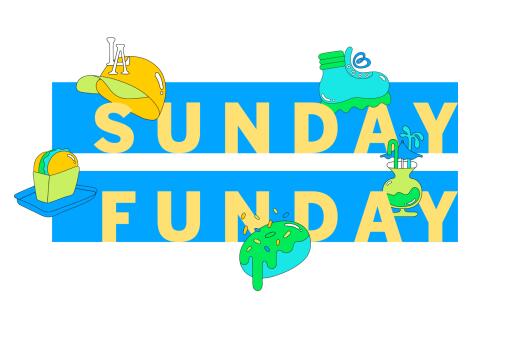 sunday funday infobox logo with spot illustrations in blue, yellow, and green