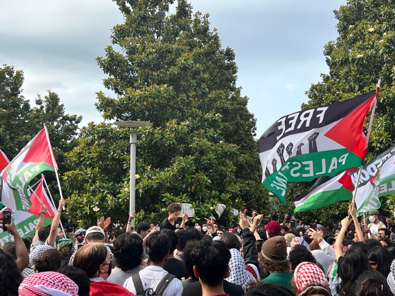 A little boy speaks into a microphone at a pro-Palestinian protests, as "Free Palestine" flags wave.