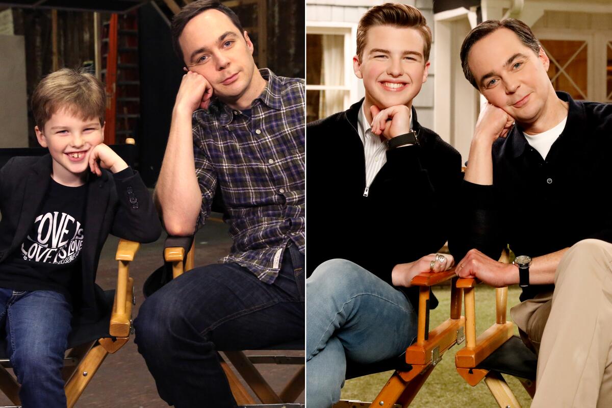 Then and now: Iain Armitage, left, and Jim Parsons on the set of "Young Sheldon" in 2017, left, and in 2024.