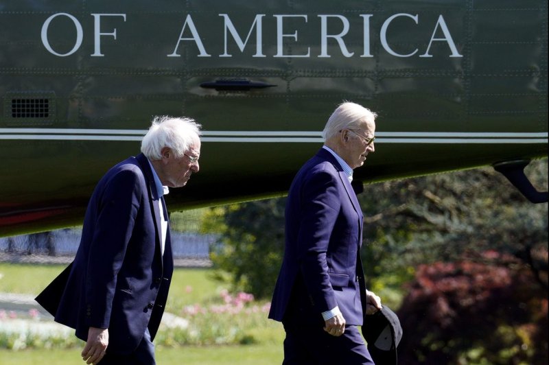 President Joe Biden walks with Senator Bernie Sanders (I-VT) to the Oval Office of the White House upon his return to Washington on Monday, April 22, 2024. File Photo by Yuri Gripas/UPI