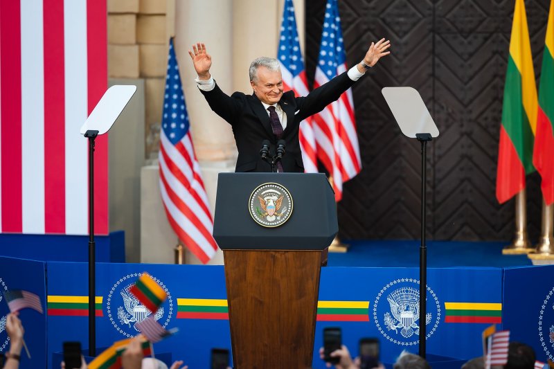 Lithuania's President Gitanas Nauseda speaks to the crowd before a speech of the U.S. President Joe Biden at Vilnius University in Vilnius, Lithuania, on July 12, 2023. On Sunday, Nauseda won re-election to a second five-year term. File Photo by Eitvydas Kinaitis/ Lithuanian President Press Office/ UPI