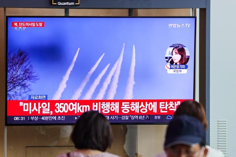 North Korea launched around 10 short-range ballistic missiles into the East Sea on Thursday morning, South Korea's military said. Photo by Yonhap