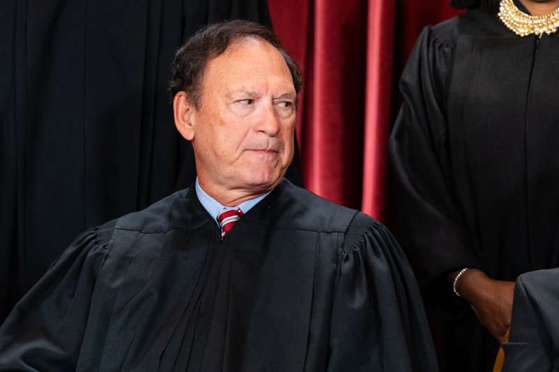 Supreme Court Justice Samuel Alito faces a call from Senate Judiciary Committee Chair Dick Durbin to step down from cases related to the 2020 presidential election due to an upside-down American flag shown flying on his property days after the Jan. 6 riot. The upside-down flag is a symbol often seen on the pro-Trump right. File Photo by Eric Lee/UPI