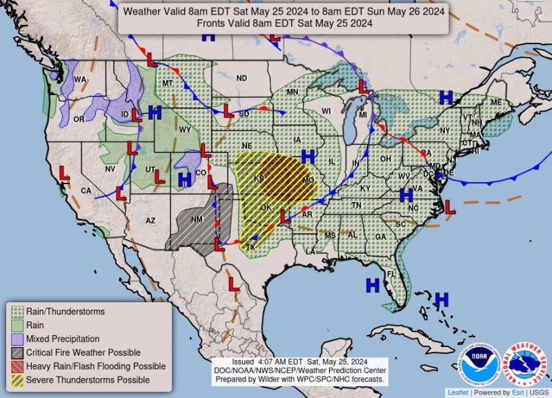 The National Weather Service says storms in the Central U.S. could produce large hail, tornadoes and localized flooding Saturday before pushing eastward through the weekend.