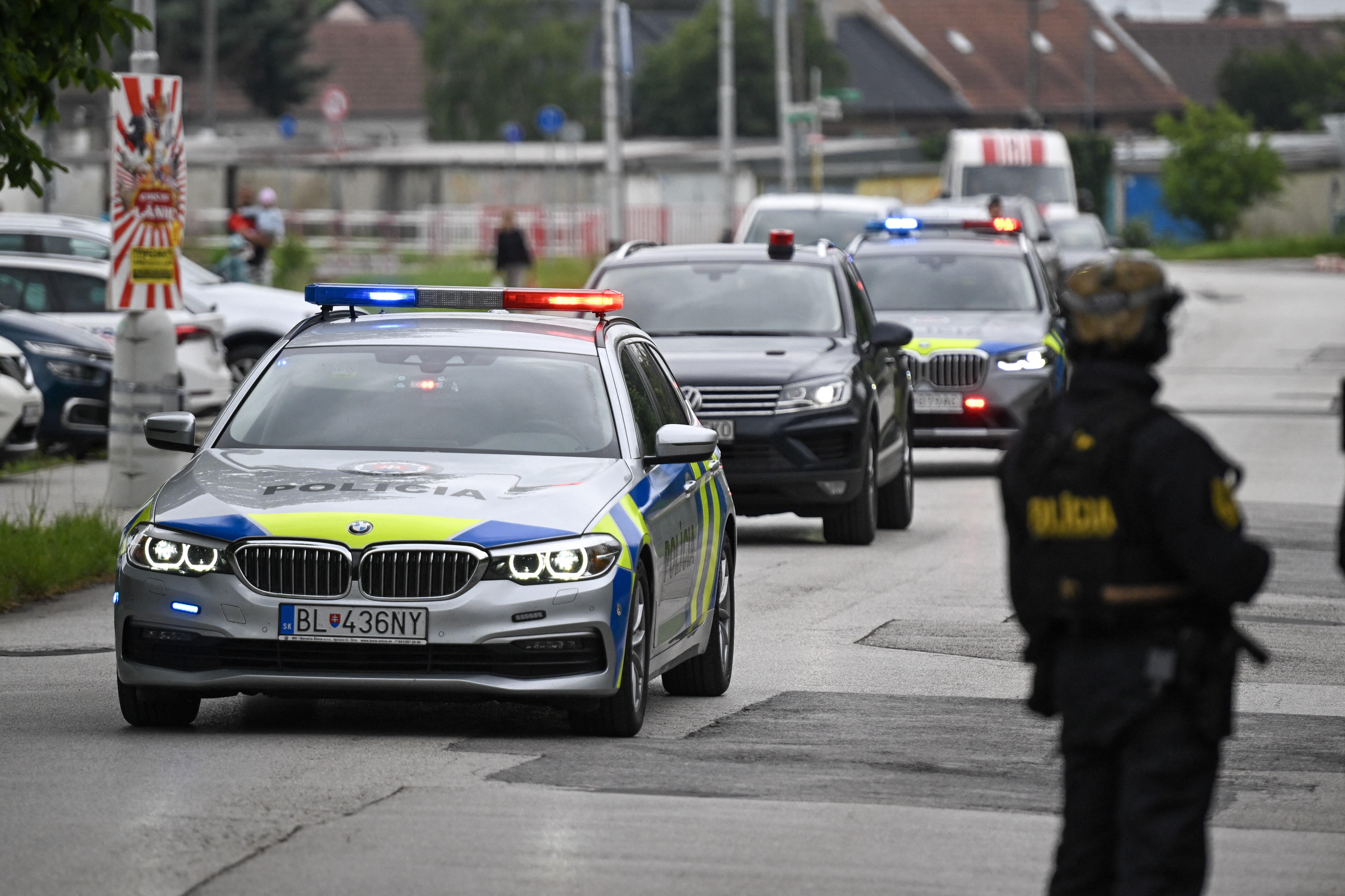 A police convoy believed to carrying suspect Juraj C into court this morning over the shooting of Slovakian PM Robert Fico