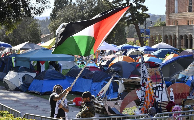 A pro-Palestinian encampment is cordoned off by stanchions on the UCLA campus on Sunday. On Tuesday, the school deemed the encampment unlawful. Photo by Jim Ruymen/UPI