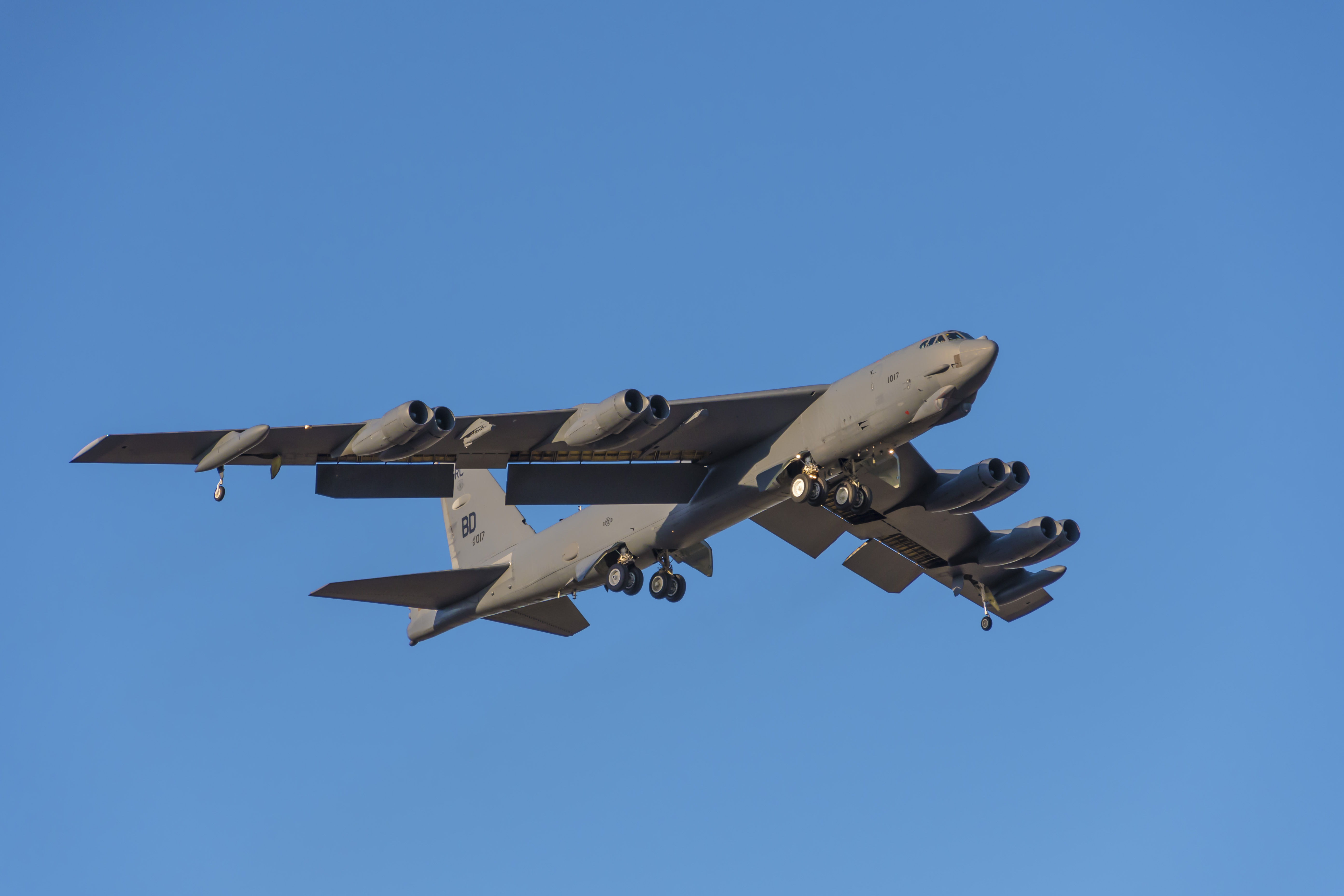 A US Air Force B-52 bomber flies over Bossier City toward Barksdale Air Force Base