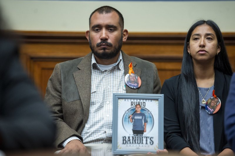 Families of the victims killed in the 2022 Uvalde, Texas, school shooting said Wednesday they have settled their lawsuit with the City of Uvalde. Felix and Kimberly Rubio hold a picture of their 10-year-old daughter, Alexandria, a victim of the Robb Elementary School shooting, during a House committee hearing on the practices and profits of gun manufacturers at the U.S. Capitol July 27, 2022. File Photo by Bonnie Cash/UPI