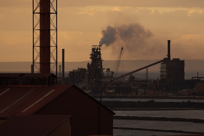 A close up view of a smoke stack at the Whyalla steelworks, taken at sunset