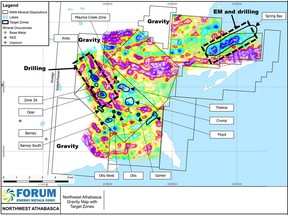 Residual Gravity Map of the NWA with Proposed 2025 Exploration Plans.  The background shows the residual contoured gravity data overlain with the main target areas. Blues are gravity lows and reds gravity highs. Additional gravity surveys will be completed as outlined above and 2025 drilling will concentrate on the Andy/Opie trend and Spring Bay area.  Bouguer density 2.50 cm/cc; Terrain Corrections: r=750m by DEM.